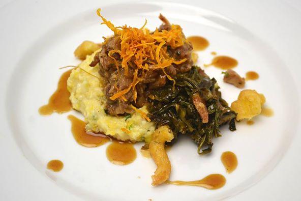 COURSE 3: The Brothers Vilgalys Krupnikas Roasted Heritage Farms Cheshire Pork Loin, Old Mill of Guilford Grits, Krupnikas-Braised Mixed Greens, Sweet Potato Hay, Grit Fritter Strings