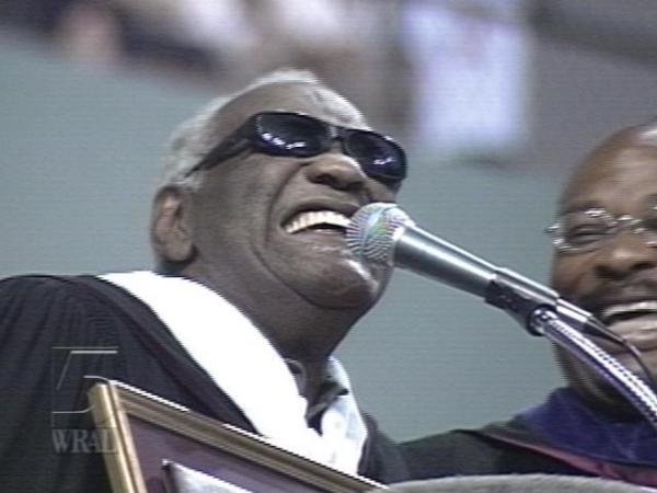 Music icon Ray Charles happily accepts an honorary doctorate degree from Shaw University.(WRAL-TV5 News)