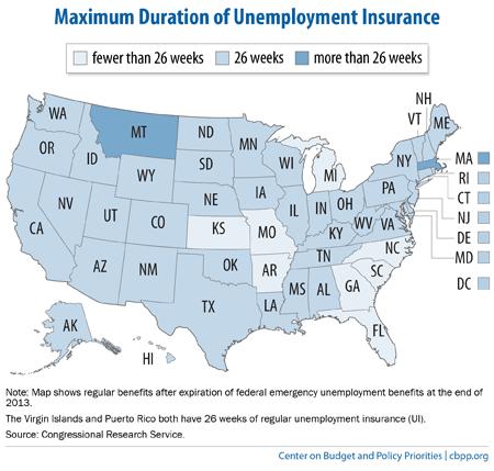 A chart by the Center on Budget and Policy Priorities shows which states offer more or fewer weeks of unemployment benefits. 