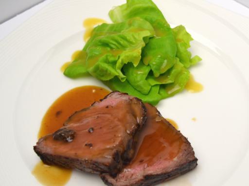 COURSE 2: Seared Certified Angus Beef® Brand Filet of Ribeye with Fogwood Food Dried Shiitake Mushroom, Pepsi and Pomegranate Molasses Reduction, Little G Farms Bibb Lettuce with Orange White Balsamic Vinaigrette﻿