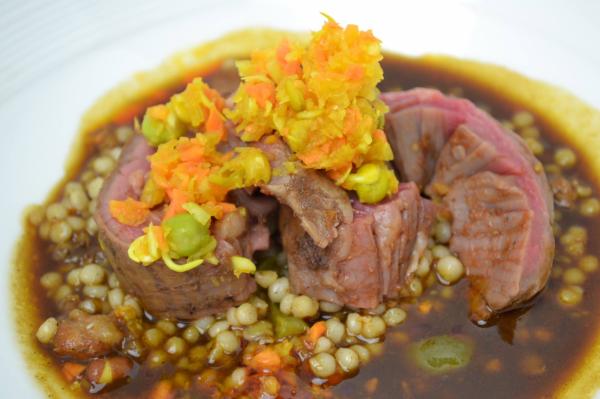 Course four - Harissa-Marinated Certified Angus Beef ® brand Skirt Steak Medallion, #SunnyCreekFarms Sprout & Fennel Chow Chow, Sprout Chorizo Israeli Couscous, Smoked Paprika Oil, Porcini Mushroom Broth
