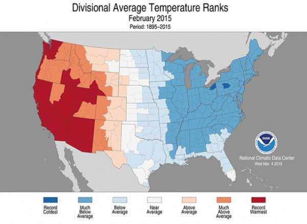 Ranking how warm or cold February 2015 was as compared to the average February across the country.