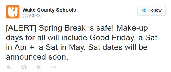 The Wake County Public School System tweeted, "Spring Break is safe!" on Tuesday, March 3, 2015.