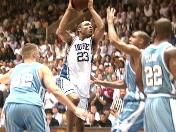 Duke's Chris Carrawell driving the lane against the Tar Heels in their first matchup of the 1998-99 season.(WRAL-TV5 News)