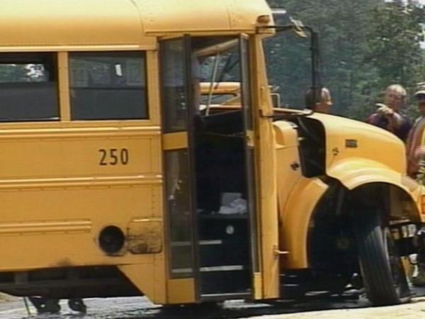 This Wake County bus was involved in an accident with a mobile crane in front of Davis Drive Elementary. No students were on the bus.(WRAL-TV5 News)