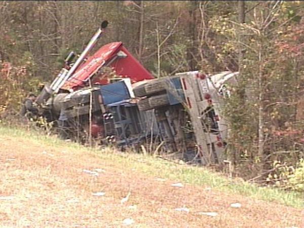 A tractor-trailer overturned Tuesday afternoon on Interstate 40 in southeast Wake County, causing traffic headaches for motorists.(WRAL-TV5 News)