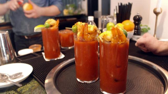 Bloody Marys come topped with curry shrimp at disco brunch at The Durham.