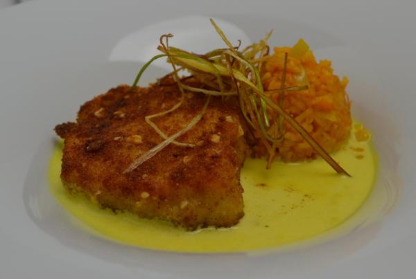 COURSE 3: Bertie County Blistered Peanut Crusted Fresh From NC Waters Swordfish, Saffron Basmati Rice, Goodnight Brothers Country Ham Tarragon Cream Sauce (Eggheads) - Score: 27.508