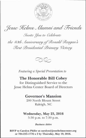 This is the invitation to a Jesse Helms Center event at the North Carolina Executive Mansion celebrating Ronald Reagan's 1976 primary victory in the state. 