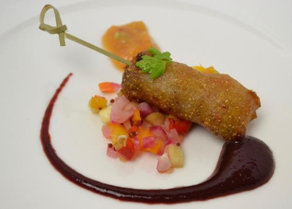 ColdWater Creek Farms Cornmeal Battered Certified Angus Beef ® brand Ground Chuck & Foie Gras Corndog, Blackberry Ketchup, Lusty Monk Mustard & NC Peach Mostarda, NC Silver Queen Corn Chow Chow by Will Work 4 Food