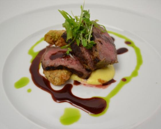Course 4: Bourbon Barrel Soy & Rosemary CAB Strip Loin, Local Fried Green Tomatoes, NC Corn Puree, Blackberry Demi Glace by Will Work 4 Food 