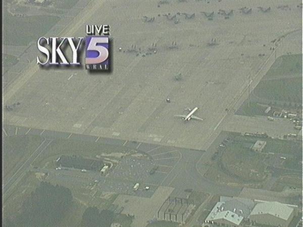 Sky-5 aerial shot of Delta plane that made an emergency landing at Seymour-Johnson AFB March 21.