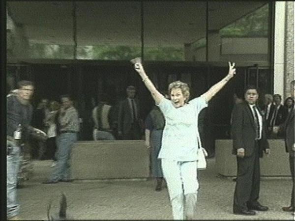 A courtroom witness reacts to guilty verdicts in the Oklahoma City bombing trial.