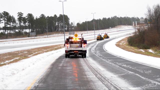 Ramp onto I-540 East from NC-147 where DOT crews were working to clear snow and sleet after a winter storm on Saturday, Jan. 7, 2017. (Photo By: Nick Stevens/WRAL)