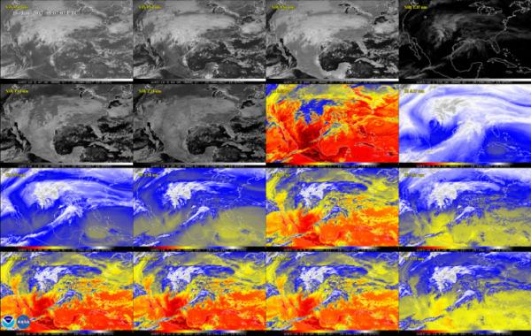This image that illustrates the view as seen at each of the 16 wavelength bands used by the Advanced Baseline Imager. One interesting point here is to note that none of these is an actual “color” image. Instead, the simulated full-color views are made by combining data from the two visible images with one of the near-infrared bands, along with some additional processing that is based on estimating what a third “green” visible image would have provided. 
