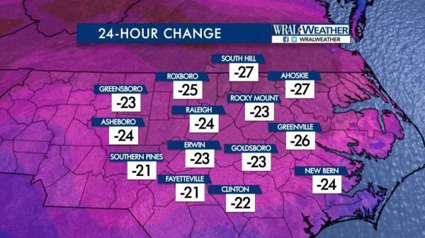 Temperature change from Sunday, Feb. 12, to Monday, Feb. 13, 2017