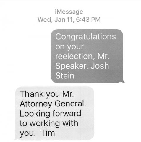 In these text messages date Jan. 11, AG Josh Stein and House Speaker Tim Moore exchange congratulations. 