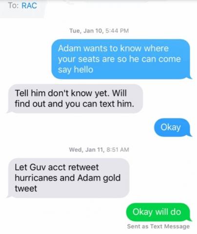Gov. Roy Cooper exchanges text messages with his staff about attending a hockey game. 
