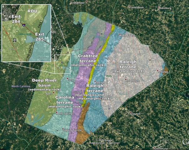 A generalized bedrock map of Wake County highlights changes in North Carolina's geology around the airport. (Image: North Carolina Geodetic Survey, Rice)