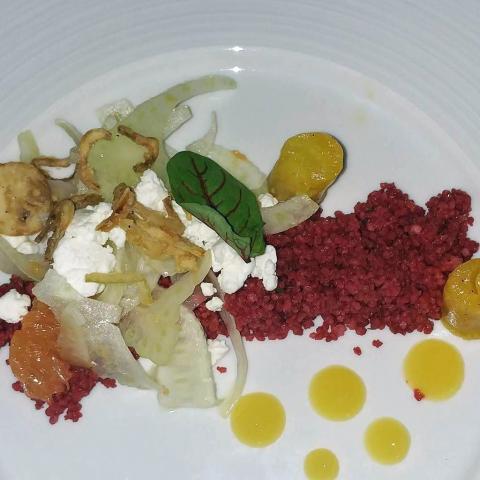 Rich Carter of Catering Works plated a beet cous cous for his first course.