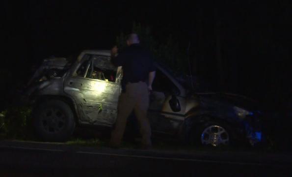 Two people died late Tuesday night when the Jeep they were driving crashed and caught fire in Harnett County.