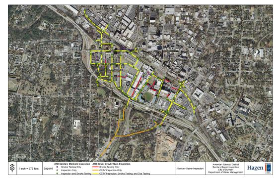Red shows sewer lines where smoke tests will be run. Yellow lines will be inspected by closed-circuit TV. Orange lines will have video inspections and smoke and dye tests.