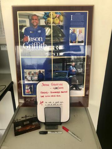 The staff of Capital Ford in Raleigh put up a memorial to salesman Jason Griffith after he was found dead on Dec. 15, 2017.