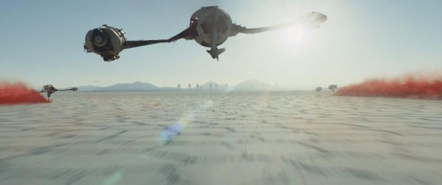 Rebel fighters skim across salt flats kicking up a spray of red minerals in Star Wars: The Last Jedi (Lucasfilms)