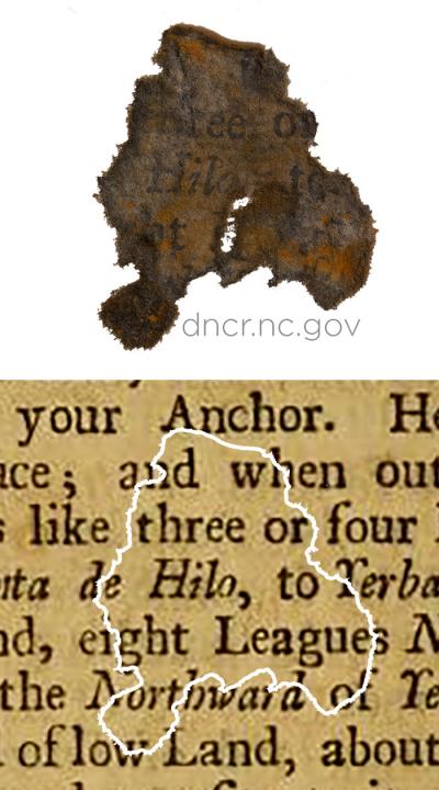 A fragment of paper discovered on Queen Anne’s Revenge, compared with the book it was determined to be from. (Photo composite by N.C. Department of Natural and Cultural Resources)