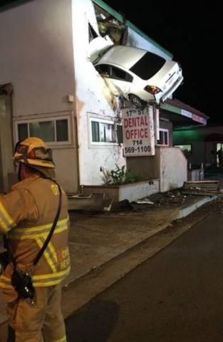 Car Flies About 60 Feet Into Upper Floor of a Building in California
