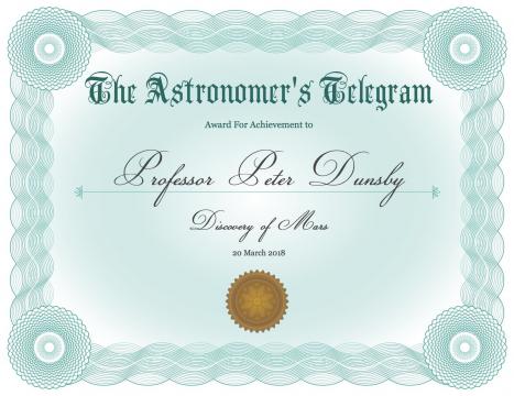 Tongue-in-cheek certificate sent to Dunsby by Astronomy Telegram editors (Credit: ATel/Rutledge)