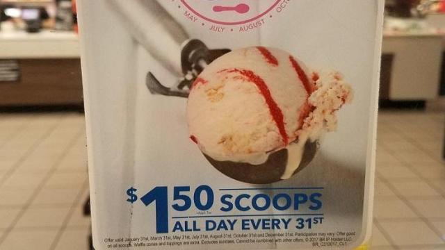 Baskin Robbins: $1.50 scoops Tuesday