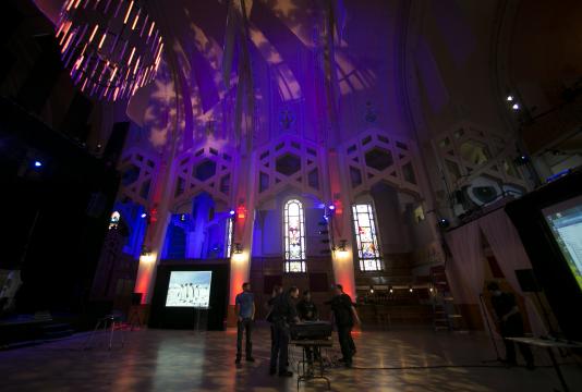 **EMBARGO: No electronic distribution, Web posting or street sales before Monday 3:00 a.m. ET July 30, 2018. No exceptions for any reasons. EMBARGO set by source.** An interior view of Théâtre Paradoxe, housed in what was formerly Notre-Dame-du-Perpétuel-Secours church, in Montreal, Quebec, Canada, June 5, 2018. Dozens of churches in Quebec have been repurposed into reading rooms, luxury condos, cheese emporiums and upmarket fitness centers in a Canadian province where the Roman Catholic Church is in decline. (Christinne Muschi/The New York Times)