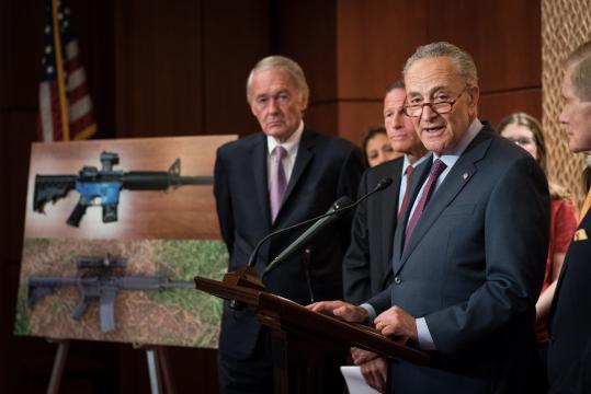 Senate Minority Leader Chuck Schumer (D-N.Y.) speaks at a news conference regarding 3-D printable plastic guns, on Capitol Hill in Washington, July 31, 2018. Democratic lawmakers and gun control groups are waging a frantic legal fight to block online blueprints for 3-D printed “ghost guns,” even as President Donald Trump said he is “looking into” his administration’s decision to allow their distribution. (Erin Schaff Erin Schaff/The New York Times)