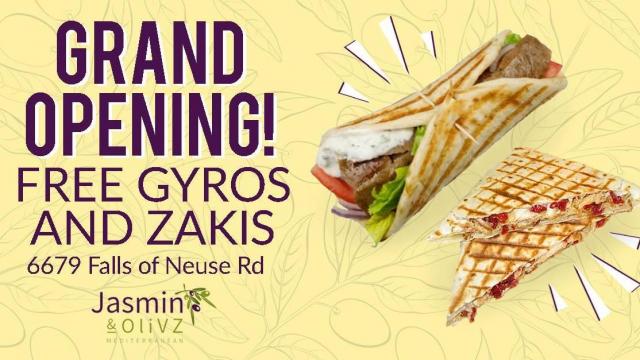 FREE Gyros & Zakis Saturday at new Jasmin & Olivz in Raleigh!