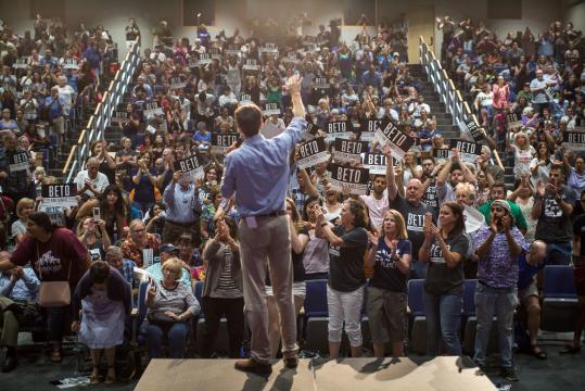 Rep. Beto O’Rourke, the Texas Democrat running against Sen. Ted Cruz, finishes a speech to cheers at a campaign event in Katy, Texas, Aug. 9, 2018. O’Rourke, who has visited each of the state’s 254 counties, has been attempting the Texas equivalent of walking on water — winning statewide as a liberal Democrat. (Tamir Kalifa/The New York Times)