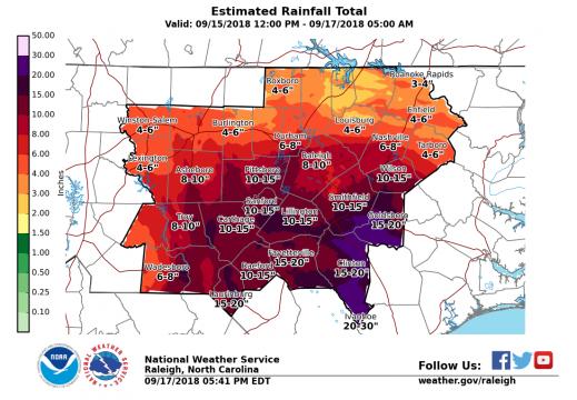 Estimated rainfall totals for Hurricane Florence from the National Weather Service.