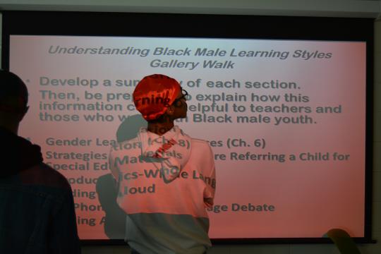 A Winston-Salem State University student takes a class called "Advancing the Academic Success of Black Males" on Oct. 30, 2018.