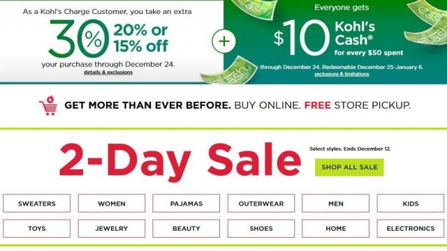 Kohl's 2-Day Sale, 30% off coupon, $10 jewelry coupon, $10 Kohl's Cash
