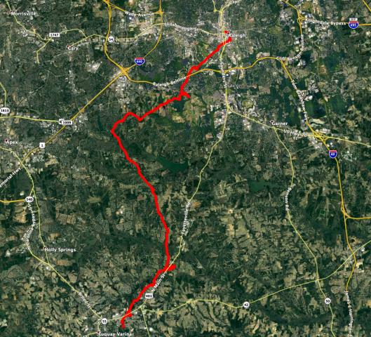 NASA's Mars Exploration Rover Opportunity’s more than 28 mile long meandering path would stretch from downtown Raleigh to Fuquay-Varina.(Credit: Eduardo Tesheiner/Tony Rice)