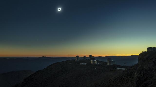 The solar eclipse over the remote La Silla Observatory on the southern edge of Chile’s Atacama Desert on Tuesday, July 2, 2019. For just the third time in 50 years, the solar eclipse’s path of totality would pass over a major astronomical observatory. (Sebastian Modak/The New York Times)
