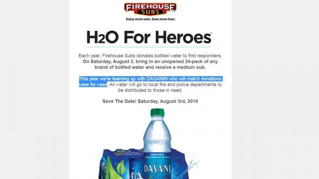Firehouse Subs: Free sub with water donation on 8/3