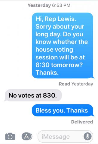 House Rules Chairman David Lewis told a WRAL News reporter in a Sept. 10, 2019, text message exchange that there would be no votes the following morning, but a veto override vote was then held.