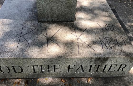 A monument at Evans Metropolitan AME Zion Church after it was defaced.