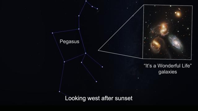 You can see the angels home in the sky, as clouds move out on Christmas Eve.  After sunset, look west for the square of Pegasus formed by four nearly equally bright stars. Ten degrees to the right, about the width of an outstretched fist, lies Stephan's Quintet, nearly 300 million light years away.