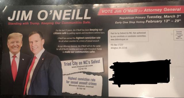 A mailer sent by a PAC supporting Jim O'Neill for Attorney General shows O'Neill with President Trump.