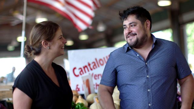 Vivian Howard meets chef Oscar Diaz at the North Carolina State Farmers Market in Raleigh. Credit: Courtesy of Somewhere South.
