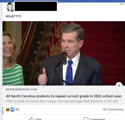 A fake story about North Carolina schools was circulating on social media.