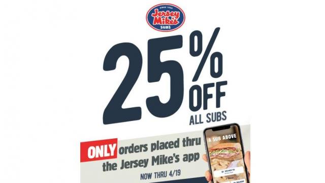 Jersey Mike's offering 25% off subs through 4/19