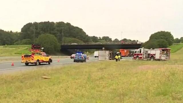 A tractor trailer overturned on I-40 East